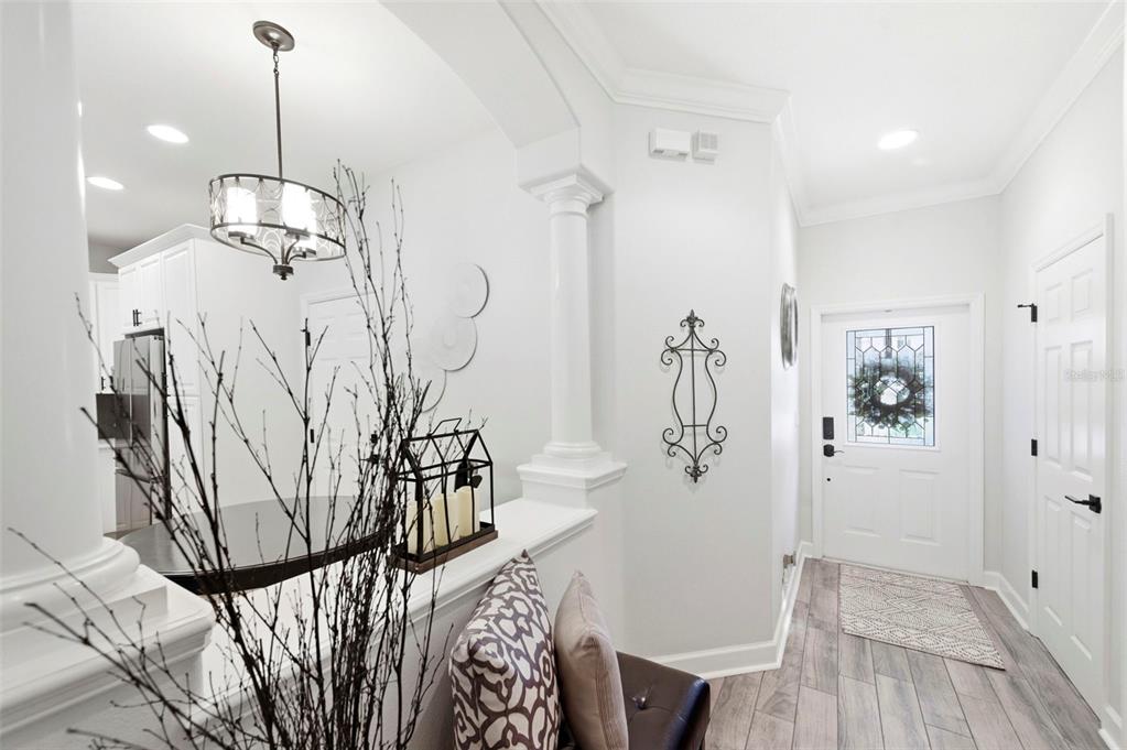 An entryway with wood-look flooring leads to a white front door with a glass insert — 2670 TANGLEWOOD TRAIL, PALM HARBOR, FL