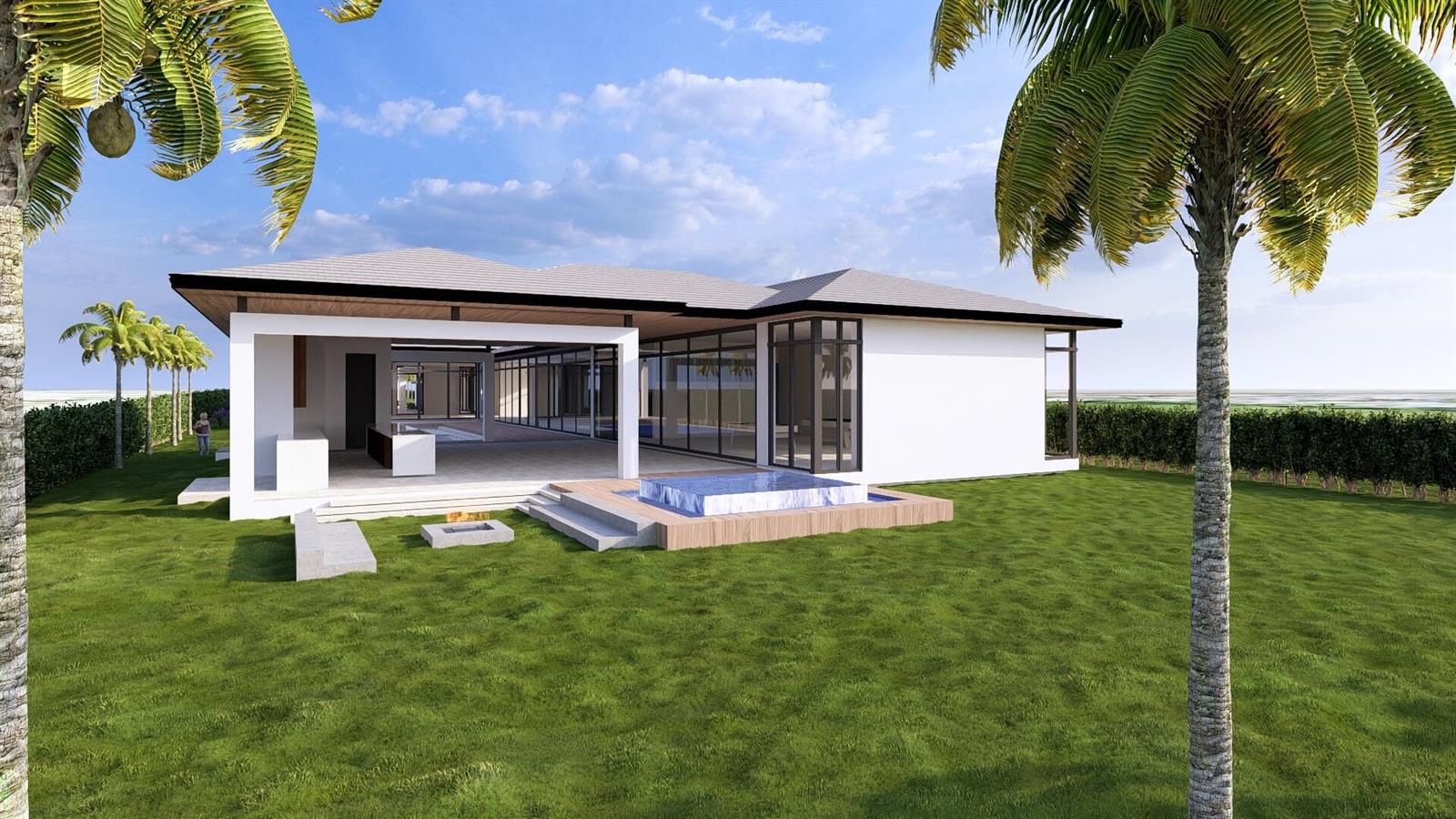 This architectural rendering shows a modern single-story house with a patio and small pool — 2900 Avenue Au Soleil, Gulf Stream FL 33483, GULF STREAM, FL