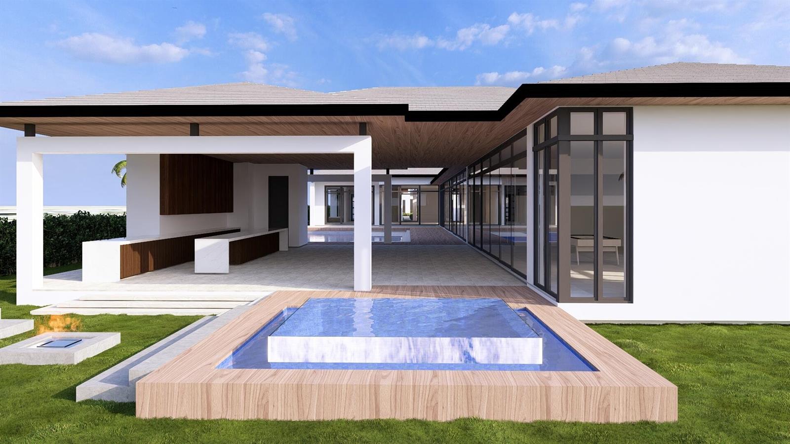 This architectural rendering shows a modern house exterior with a patio, pool, and fire pit — 2900 Avenue Au Soleil, Gulf Stream FL 33483, GULF STREAM, FL