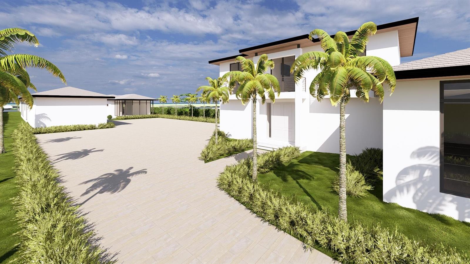 This is a rendering of a modern white house with palm trees and a paved driveway — 2900 Avenue Au Soleil, Gulf Stream FL 33483, GULF STREAM, FL