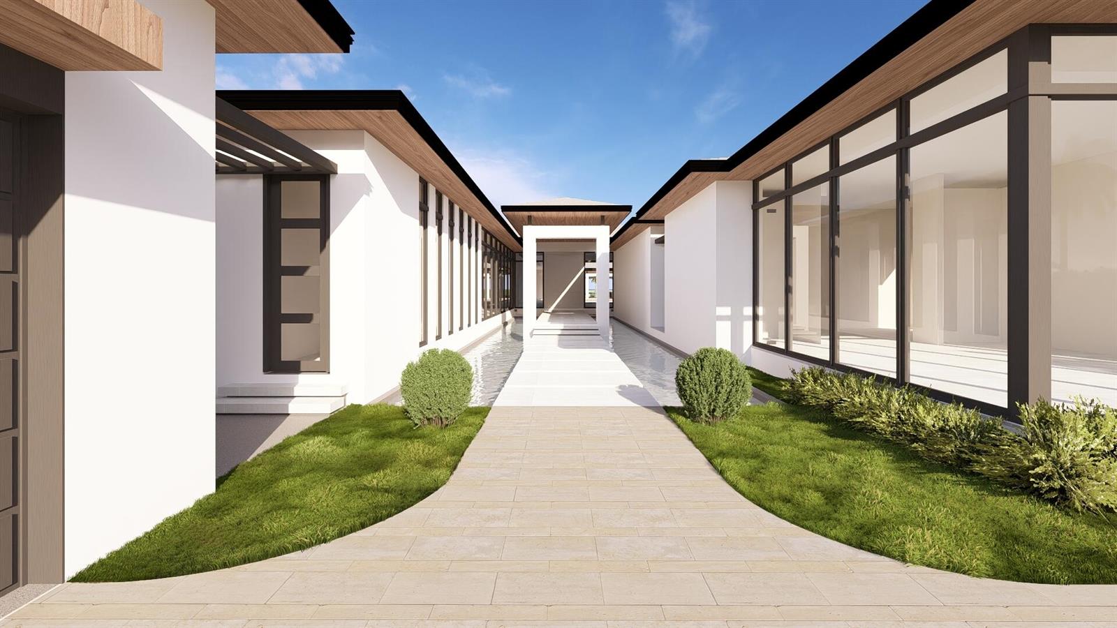 This architectural rendering shows a modern home exterior with a central walkway and water feature — 2900 Avenue Au Soleil, Gulf Stream FL 33483, GULF STREAM, FL