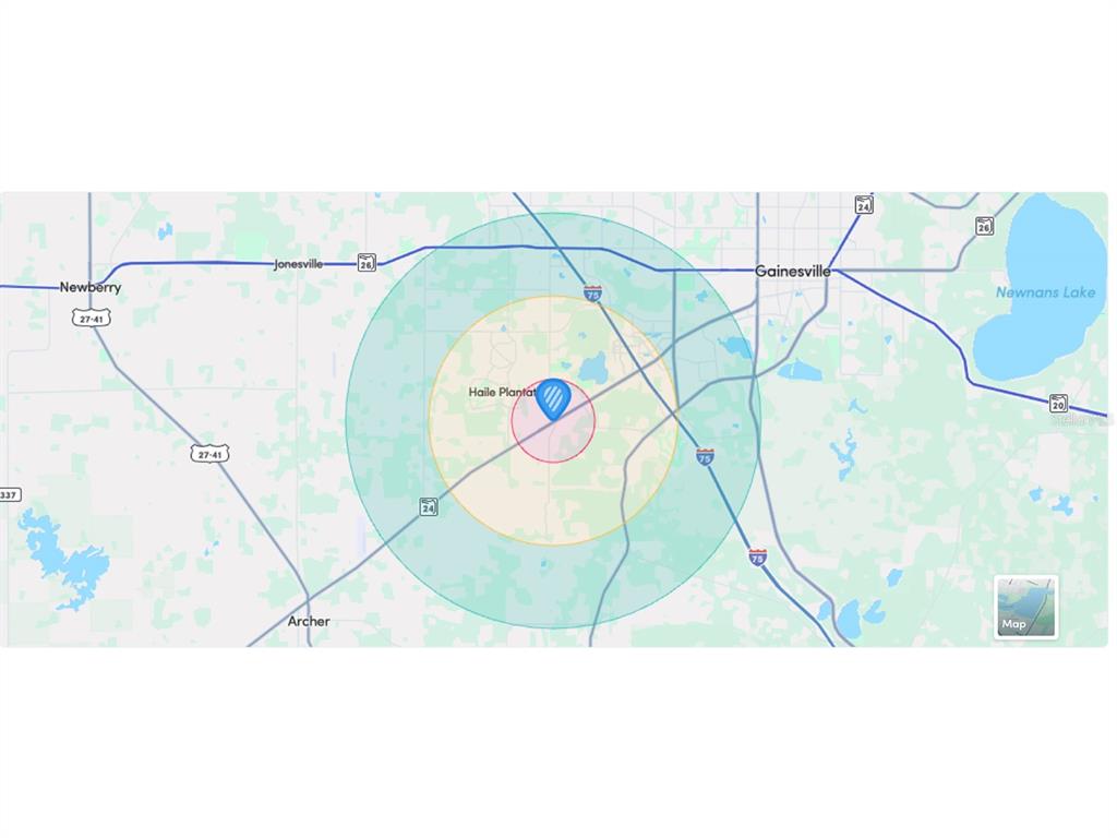 This is a map showing a location in Haile Plantation with concentric circular radius zones — SW 75TH STREET, GAINESVILLE, FL