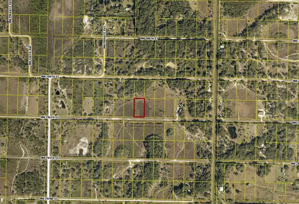 An aerial map view shows a rectangular parcel of land highlighted in red — 15575 NW 296TH STREET, OKEECHOBEE, FL