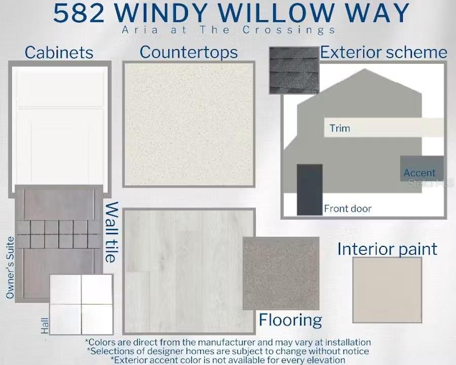 This design board displays samples of cabinets, countertops, flooring, wall tile, and exterior color schemes — 582 WINDY WILLOW WAY, ST CLOUD, FL