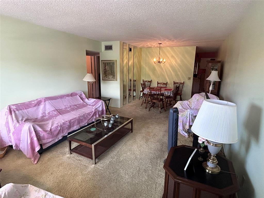 A living room and dining area feature carpeted floors, a blue sofa, and wooden furniture — 2386 SUMATRAN WAY UNIT 68, CLEARWATER, FL