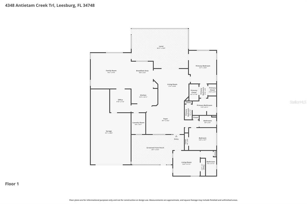 This is a floor plan for a single-story residential home — 4348 ANTIETAM CREEK TRAIL, LEESBURG, FL