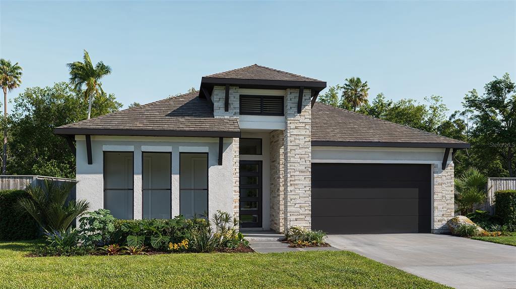 This is a digital rendering of a modern single-story house with a stone-accented entryway — 9523 SANDY SHORES STREET, PARRISH, FL