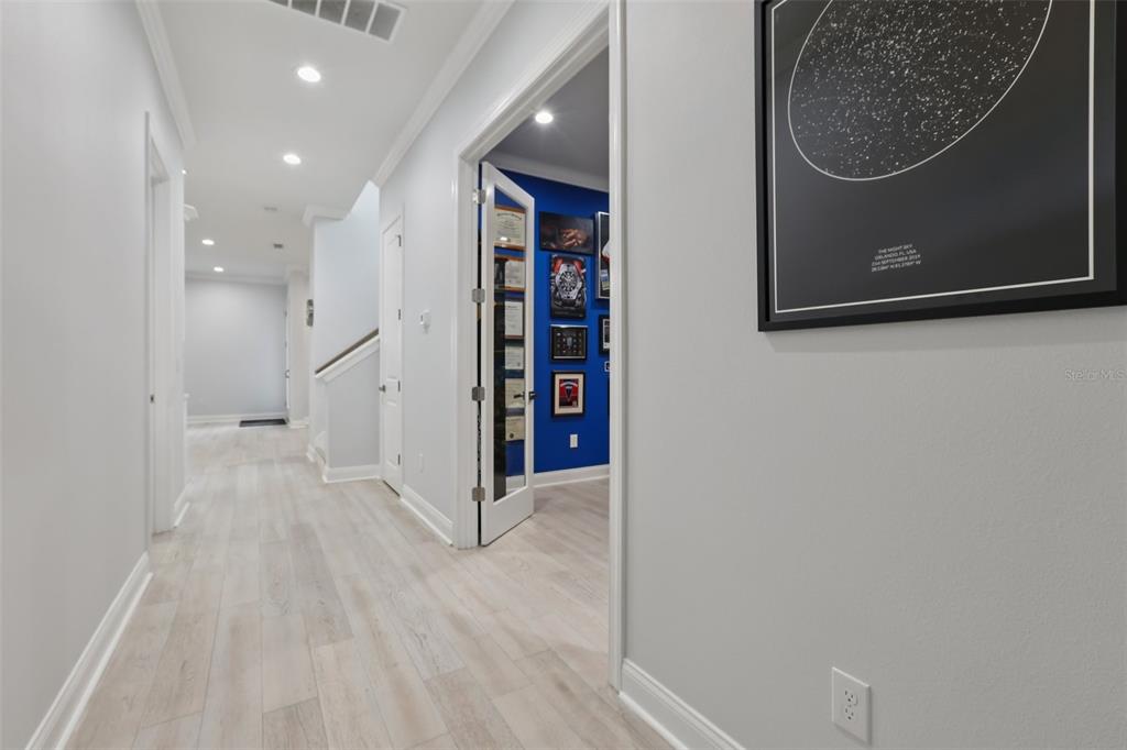 A hallway with light wood-look flooring leads to a room with a blue accent wall — 714 S LOIS AVENUE, TAMPA, FL