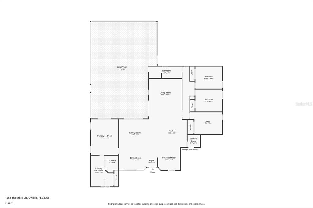 This is a floor plan of a single-story house with a large lanai and pool — 1552 THORNHILL CIRCLE, OVIEDO, FL
