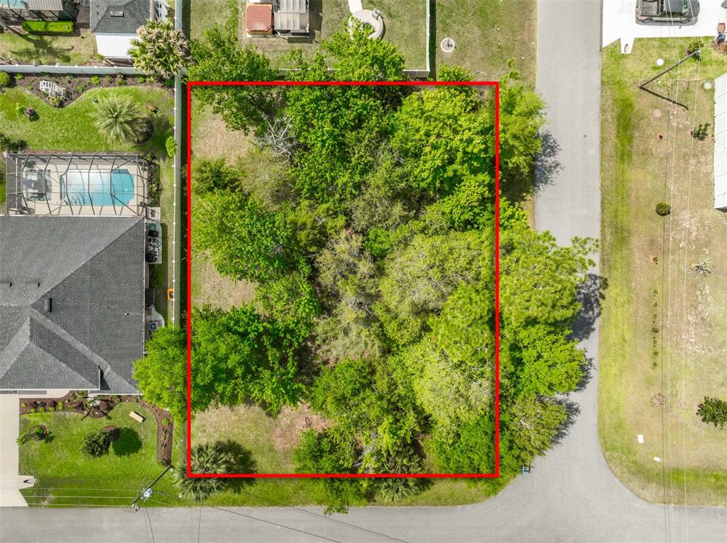 An aerial view shows a rectangular, tree-covered vacant lot outlined in red between two streets — 2 ZELDA COURT, PALM COAST, FL
