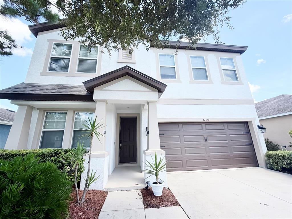 A two-story house with a white stucco facade, brown garage door, and a covered entryway — 32475 NATURAL BRIDGE ROAD, WESLEY CHAPEL, FL