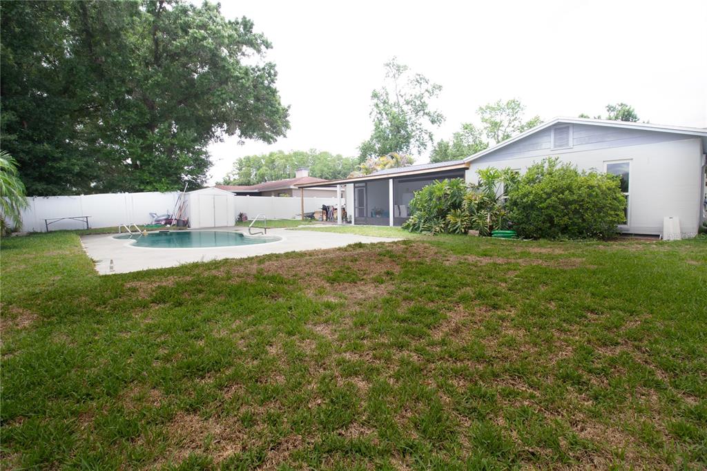 A backyard features a swimming pool, a screened-in patio, and a white vinyl privacy fence — 4313 HOLLOW HILL DRIVE, TAMPA, FL