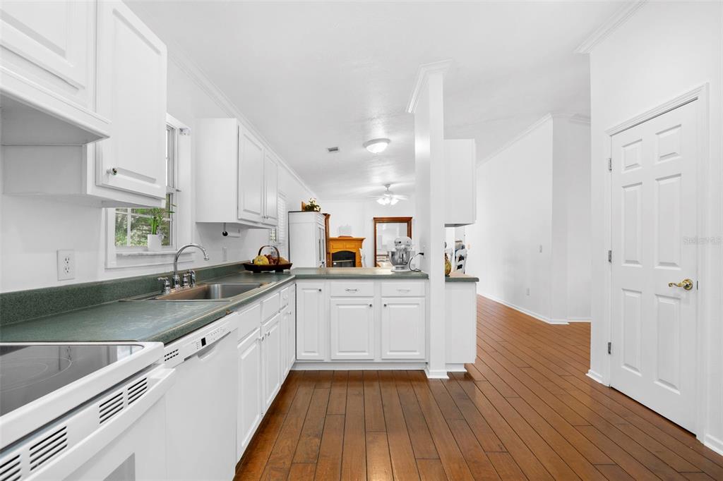 A kitchen with white cabinets, green countertops, and wood flooring leads into an adjacent room — 13015 ELM STREET, ODESSA, FL