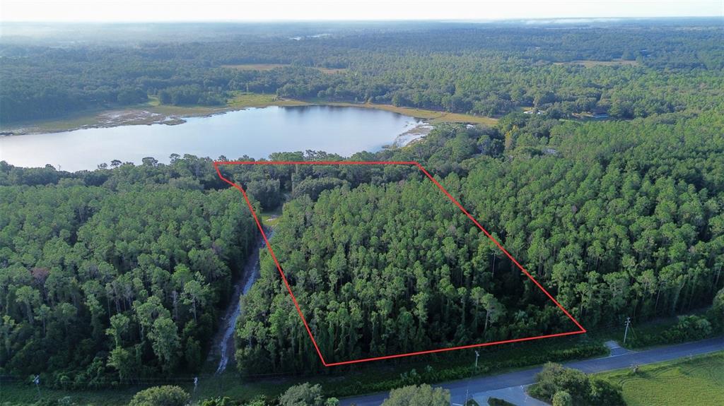 An aerial view shows a wooded lot outlined in red bordering a lake — TBD SE 170TH AVENUE, OCKLAWAHA, FL