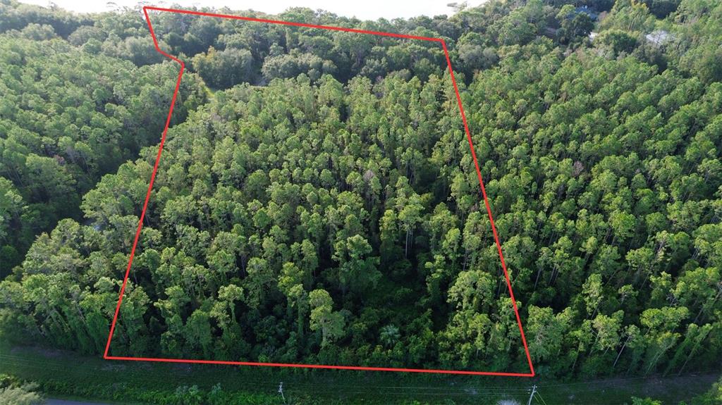An aerial view shows a wooded plot of land outlined in red — TBD SE 170TH AVENUE, OCKLAWAHA, FL