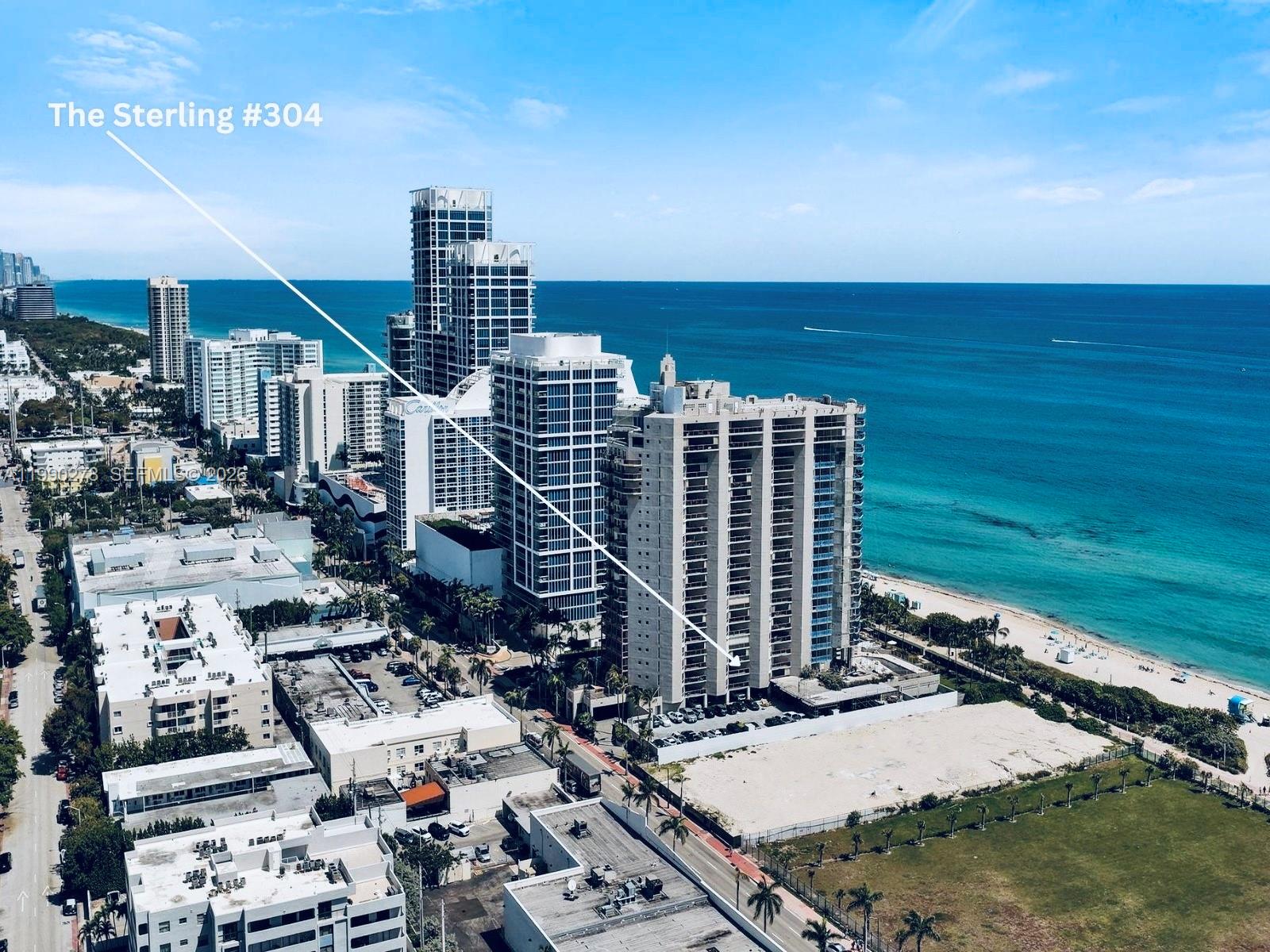 An aerial view shows a high-rise residential building on a beach with a pointer indicating unit 304 — 6767 Collins Ave # 304, Miami Beach FL 33141, MIAMI BEACH, FL