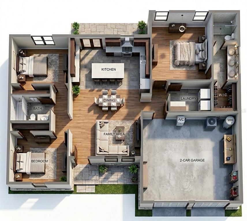 This 3D floor plan rendering shows a three-bedroom home with an open-concept living area — 47 FISHER LANE TRACE, OCALA, FL