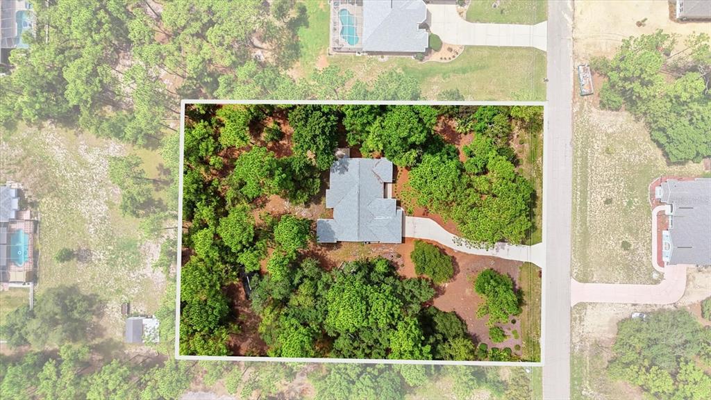 An aerial view shows a house with a gray roof surrounded by dense trees — 5815 N DURANGO TERRACE, BEVERLY HILLS, FL
