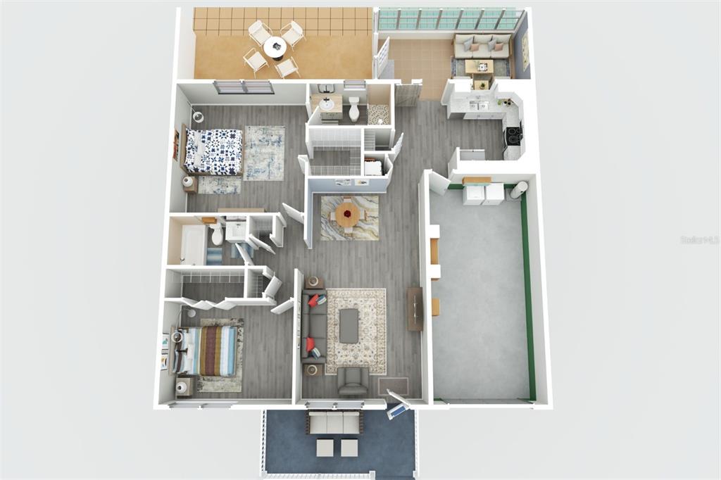This is a 3D floor plan rendering of a two-bedroom apartment with an attached garage — 8660 SW 94TH STREET UNIT F, OCALA, FL