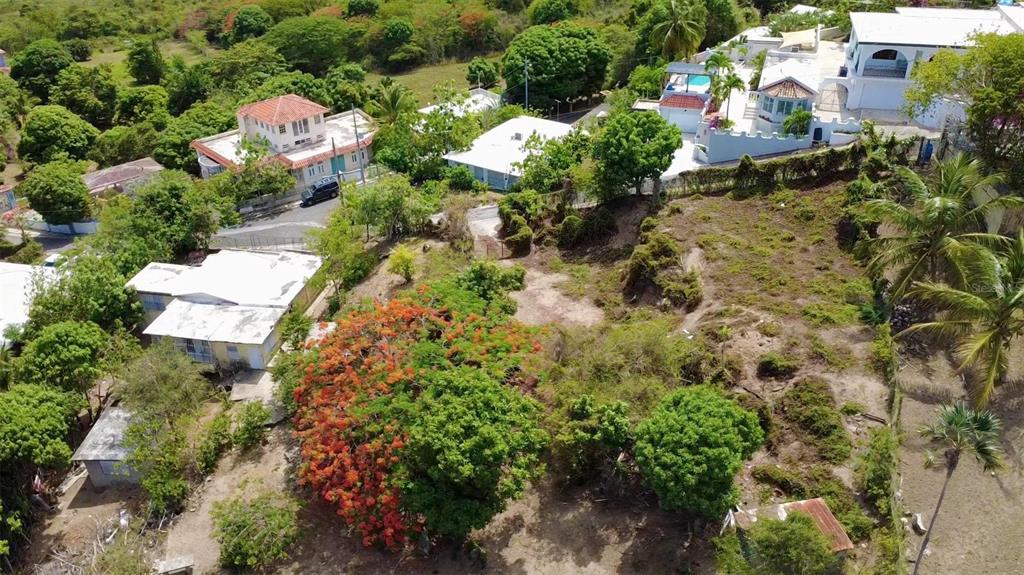 An aerial view shows a sloped, undeveloped lot surrounded by houses and lush tropical trees — Destino no 3 DESTINO, VIEQUES, PR