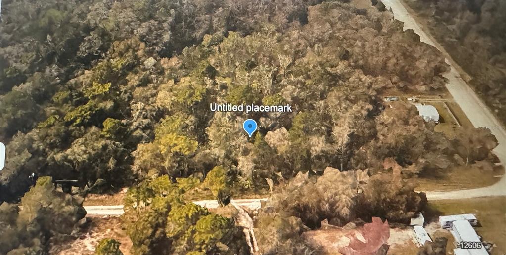 An aerial view shows a wooded lot with a blue location pin and nearby structures — GOWAN ST., NEW PORT RICHEY, FL