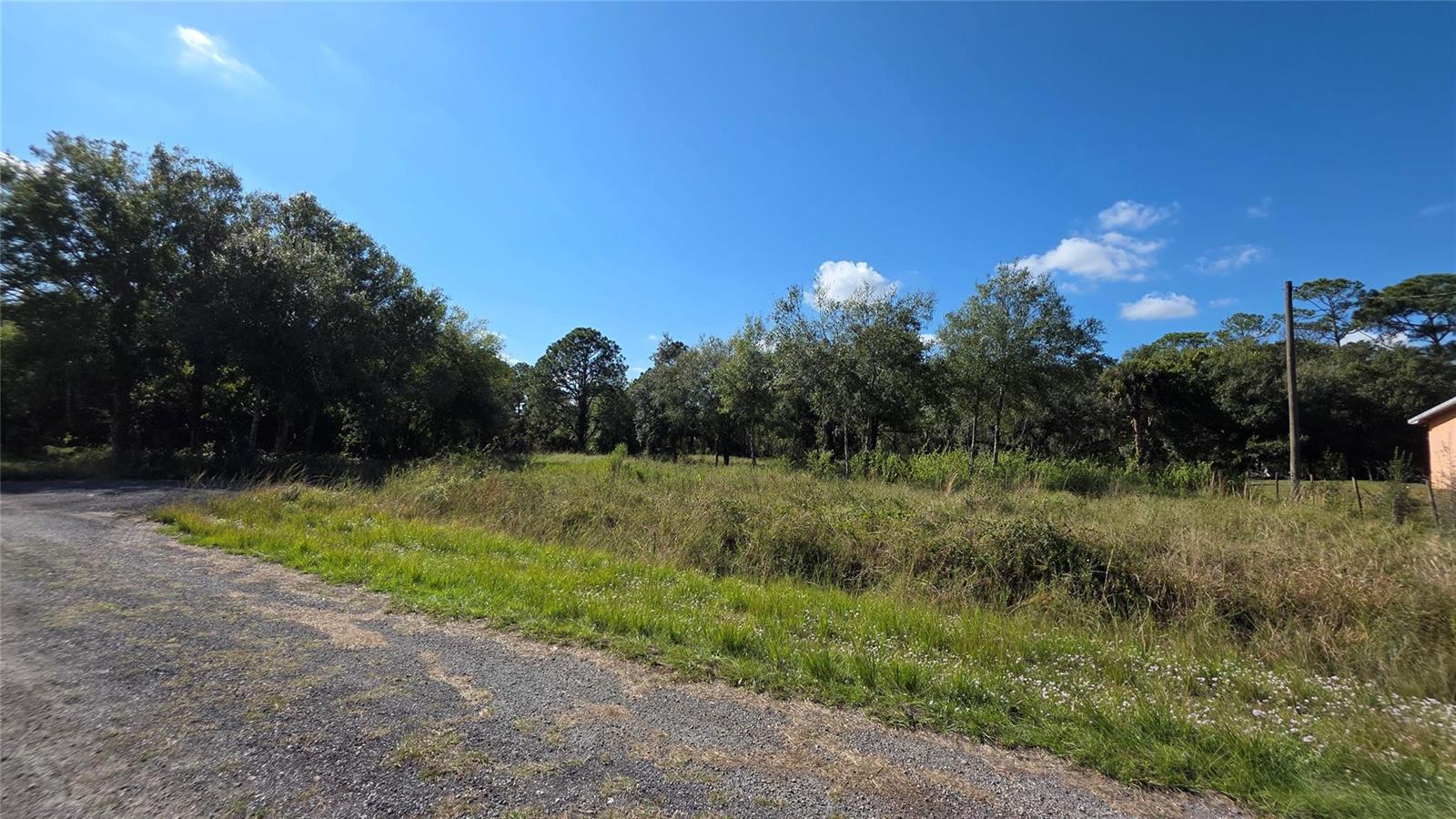 A gravel road borders a grassy, undeveloped lot with scattered trees under a blue sky — 340 N Jinete Street, Clewiston FL 33440, CLEWISTON, FL