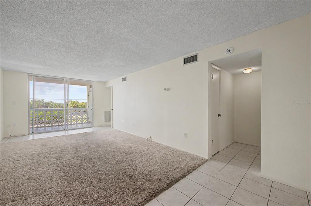 A living room with beige carpet, white walls, tile flooring, and a sliding glass balcony door — 9 FORBES PLACE UNIT 205, DUNEDIN, FL
