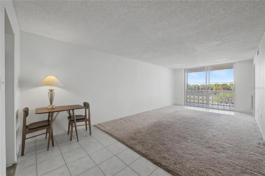A living room features a dining set on tiled flooring, beige carpeting, and a sliding door — 9 FORBES PLACE UNIT 205, DUNEDIN, FL