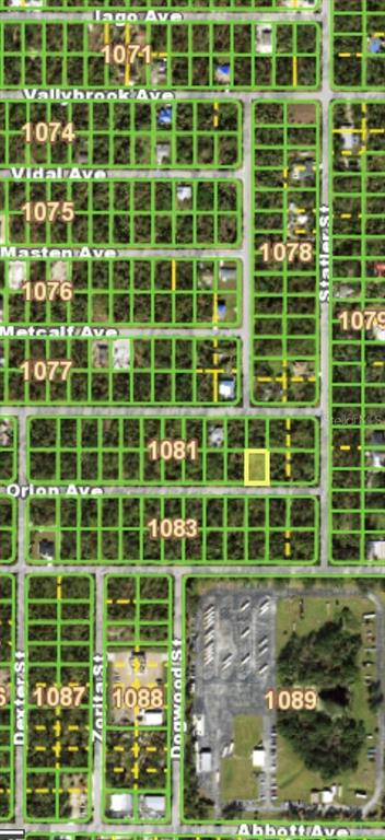 This is a satellite map view showing residential land parcels and street layouts — 17474 ORION AVENUE, PORT CHARLOTTE, FL