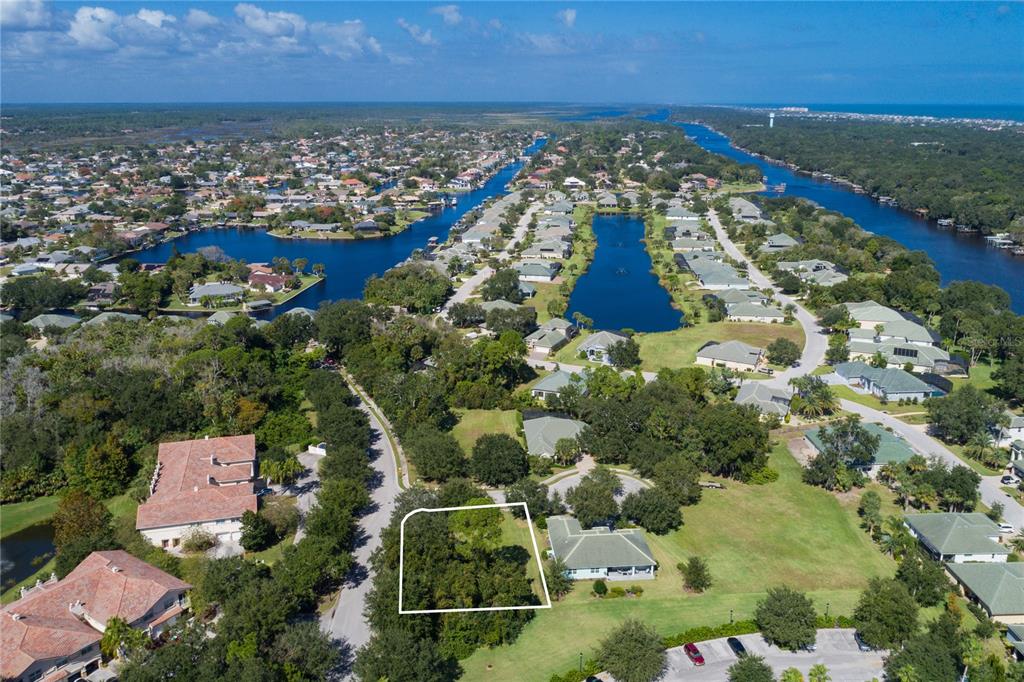 An aerial view shows a wooded residential lot outlined in white within a suburban neighborhood — 2 HOLLY COURT, PALM COAST, FL