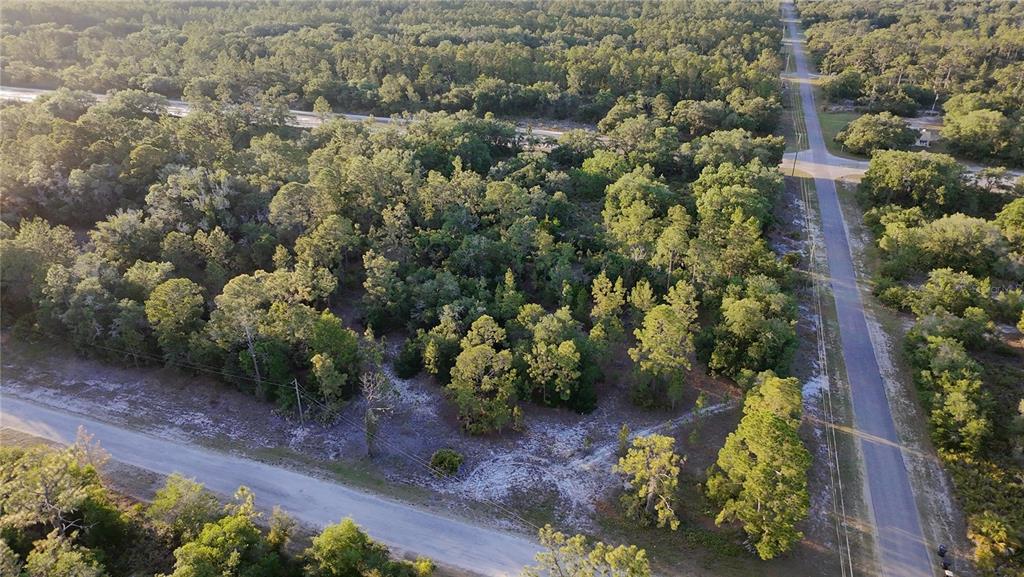 An aerial view shows a wooded, undeveloped lot situated at the corner of two roads — 1002 GARDENIA DRIVE, INDIAN LAKE ESTATES, FL