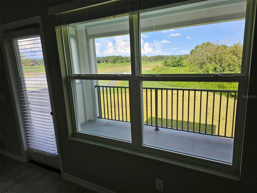 A view from inside a room looking out through a window and door onto a balcony — 38049 COPPER PENNY COURT, ZEPHYRHILLS, FL
