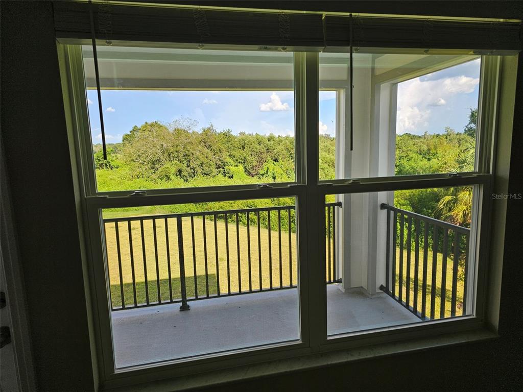 A view through a window shows a balcony with a black railing overlooking green trees — 38049 COPPER PENNY COURT, ZEPHYRHILLS, FL
