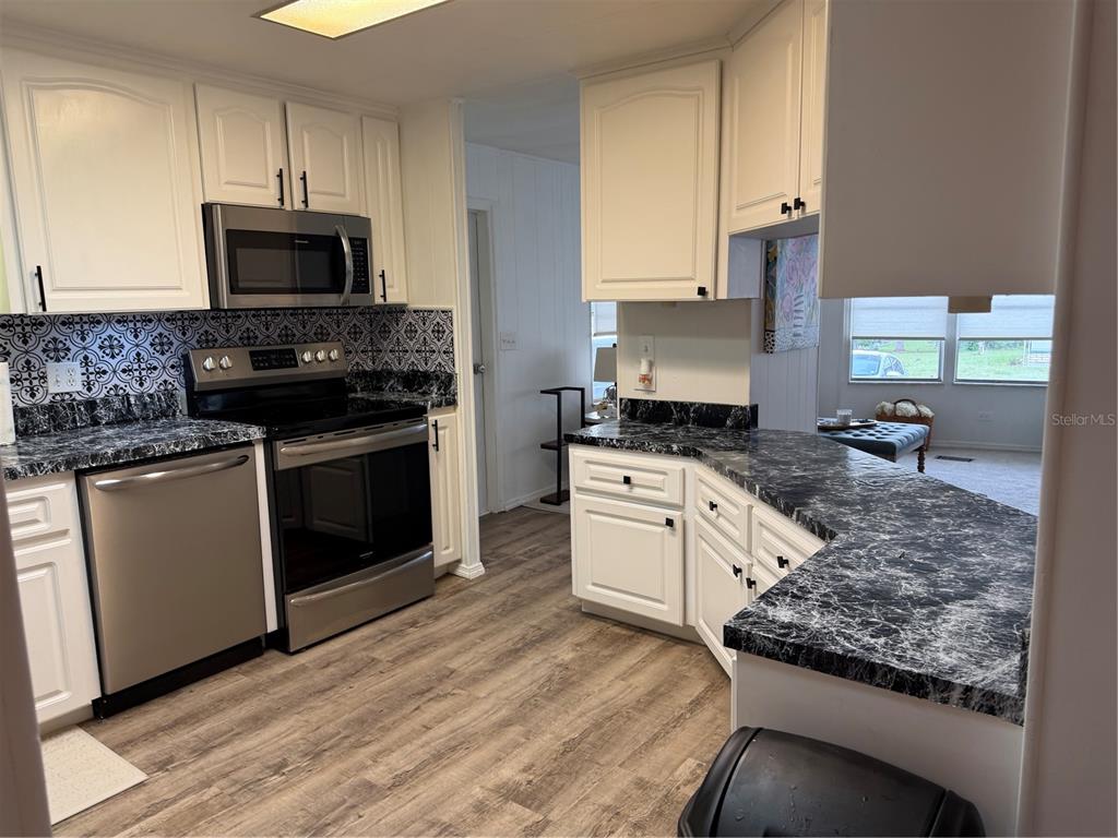 A kitchen with white cabinets, black marble-patterned countertops, stainless steel appliances, and patterned backsplash tile — 12260 HALLMARK AVENUE, BROOKSVILLE, FL