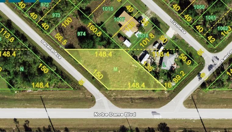 This is a map showing a highlighted vacant lot situated between two roads — 27208 NOTRE DAME BOULEVARD, PUNTA GORDA, FL