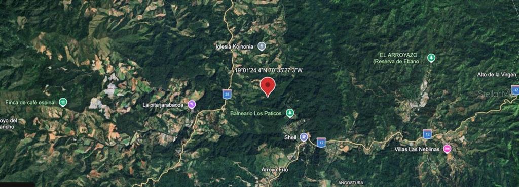 This is a satellite map view showing a mountainous, forested area with marked locations — 0 ARROYO FRIO UNIT DOM REP, JARABACOA, KY