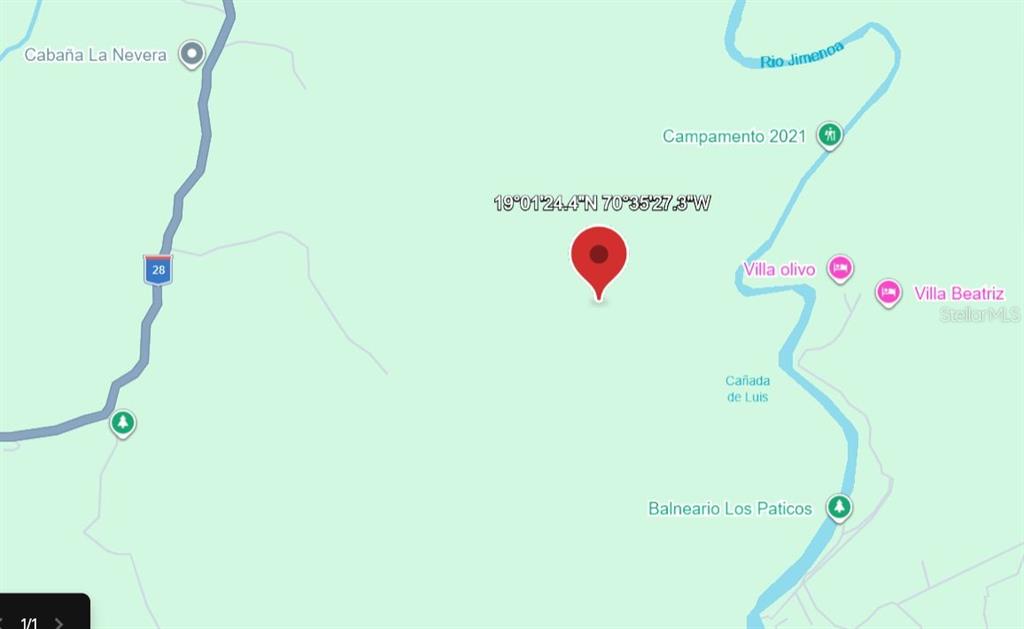 This is a map showing a red location pin near the Rio Jimenoa river — 0 ARROYO FRIO UNIT DOM REP, JARABACOA, KY