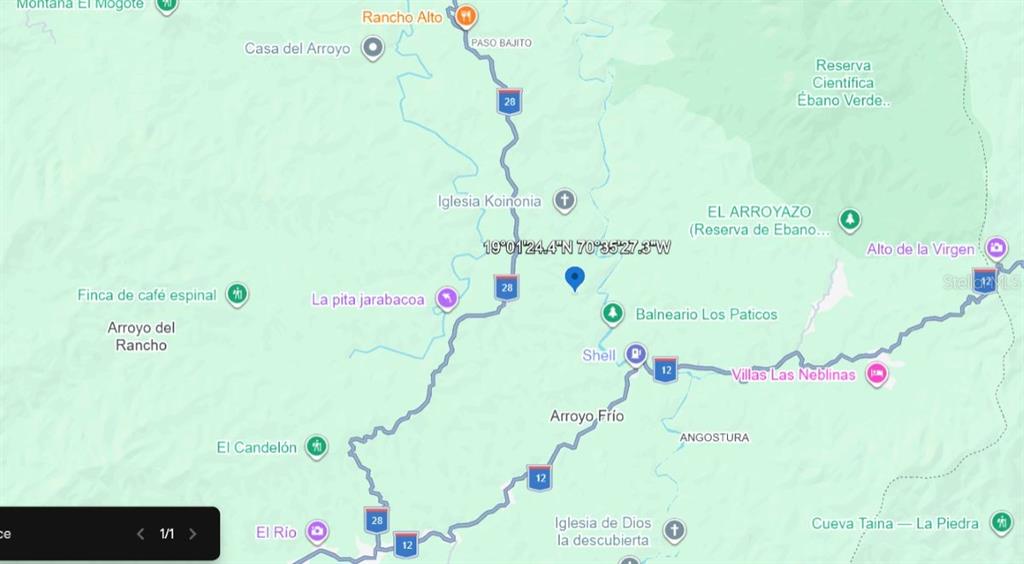 This is a digital map showing roads, landmarks, and geographic features in a mountainous region — 0 ARROYO FRIO UNIT DOM REP, JARABACOA, KY
