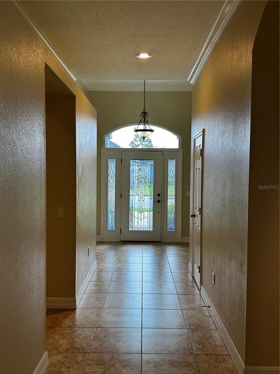 A tiled entryway features a front door with glass panels and a hanging light fixture — 6871 EAGLE RIDGE LOOP, LAKELAND, FL