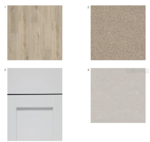 This image displays four material samples including wood flooring, carpet, white cabinetry, and stone countertop — 10798 ECLIPSE STREET, SARASOTA, FL