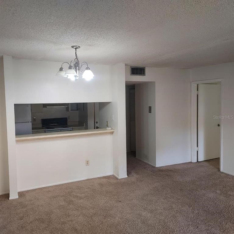 An interior view shows a carpeted living area with a kitchen pass-through and chandelier — 14111 MOSSY GLEN LANE UNIT 101C, TAMPA, FL