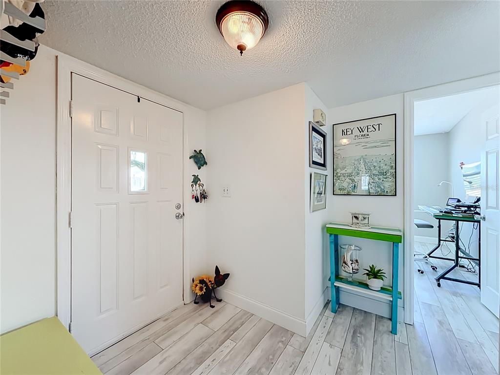 An entryway features a white door, light wood-look flooring, a small console table, and wall art — 4046 FLORAMAR TERRACE, NEW PORT RICHEY, FL