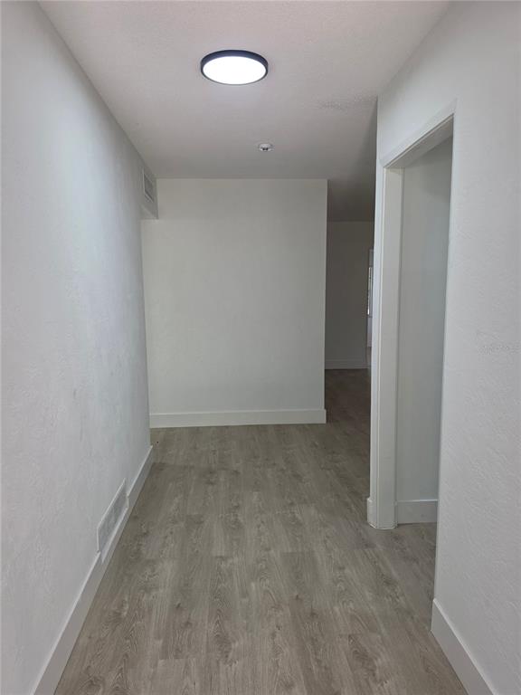 A hallway with white walls, light wood-look flooring, and a circular ceiling light fixture — 640 WESTWARD CIRCLE, DAYTONA BEACH, FL