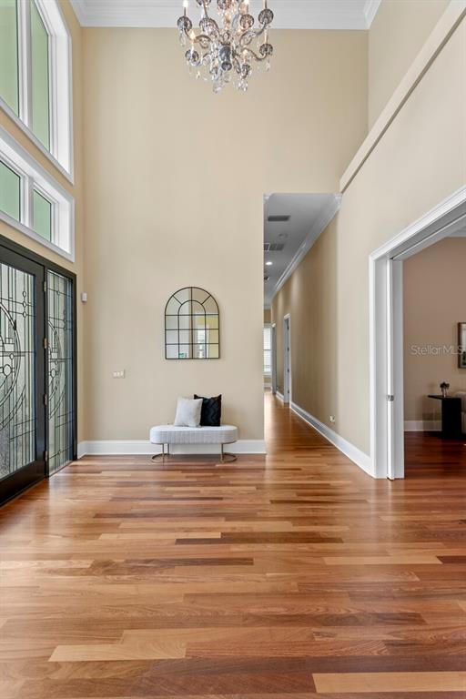 A high-ceilinged foyer features hardwood floors, a crystal chandelier, and an arched wall mirror — 16504 AVILA BOULEVARD, TAMPA, FL