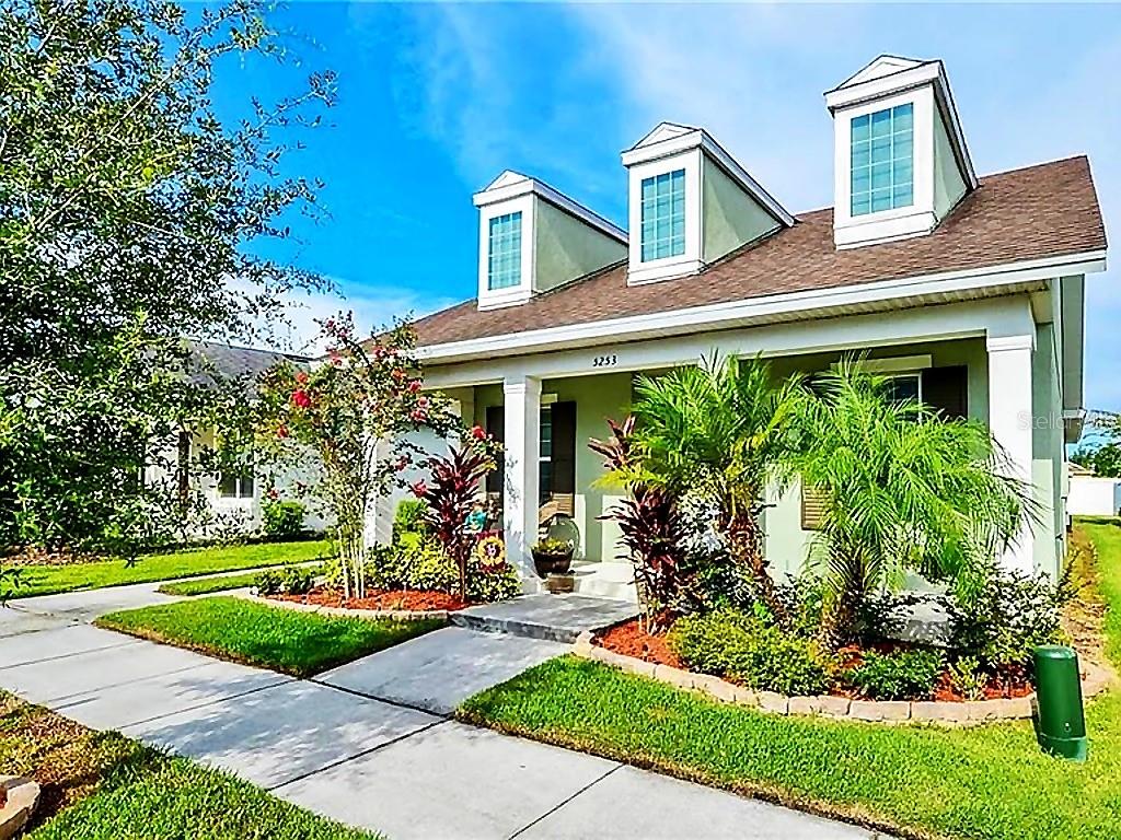 An aerial view shows a community swimming pool area with lounge chairs and a playground — 5253 SUNCATCHER DRIVE, WESLEY CHAPEL, FL