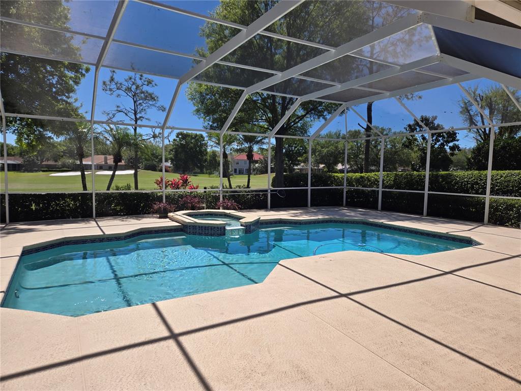 A screened-in swimming pool and spa overlook a golf course on a sunny day — 9127 WOODRIDGE RUN DRIVE, TAMPA, FL