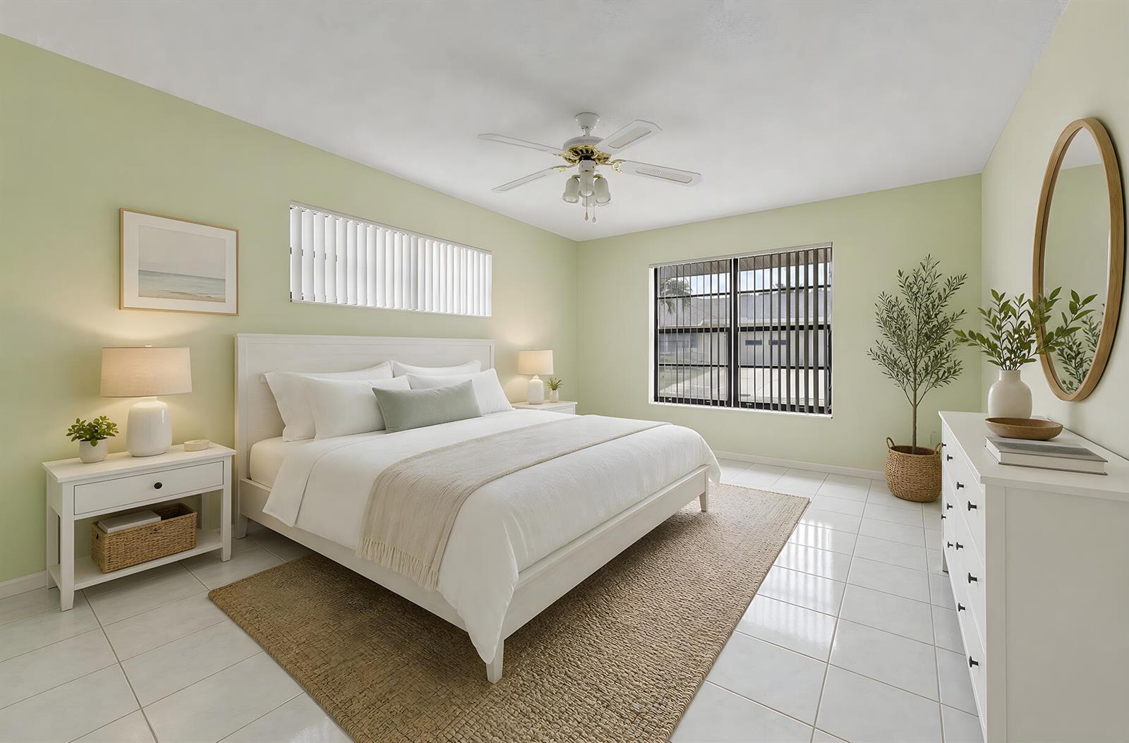 A bedroom with light green walls, a white bed, tile floors, and a ceiling fan — 9795 Tabebuia Tree Drive # B, Boynton Beach FL 33436, BOYNTON BEACH, FL