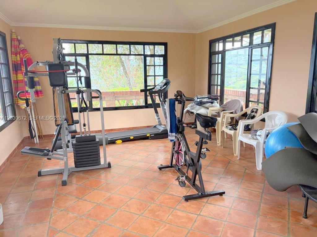 A sunroom with tile flooring contains various exercise equipment and large windows overlooking a landscape — NA Via Guadaleg (Ecuador) NA Via Guadaleg (Ecuador), FL