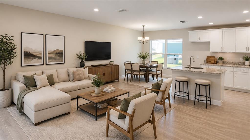 An open-concept living room, dining area, and kitchen feature neutral tones and wood flooring — 9351 HIGHLAND HILLS DR STREET, HUDSON, FL