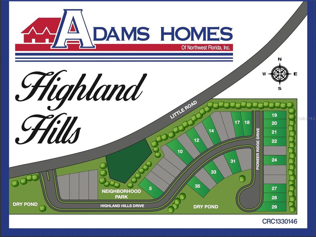 This is a site map for the Highland Hills residential development showing numbered lots — 9351 HIGHLAND HILLS DR STREET, HUDSON, FL
